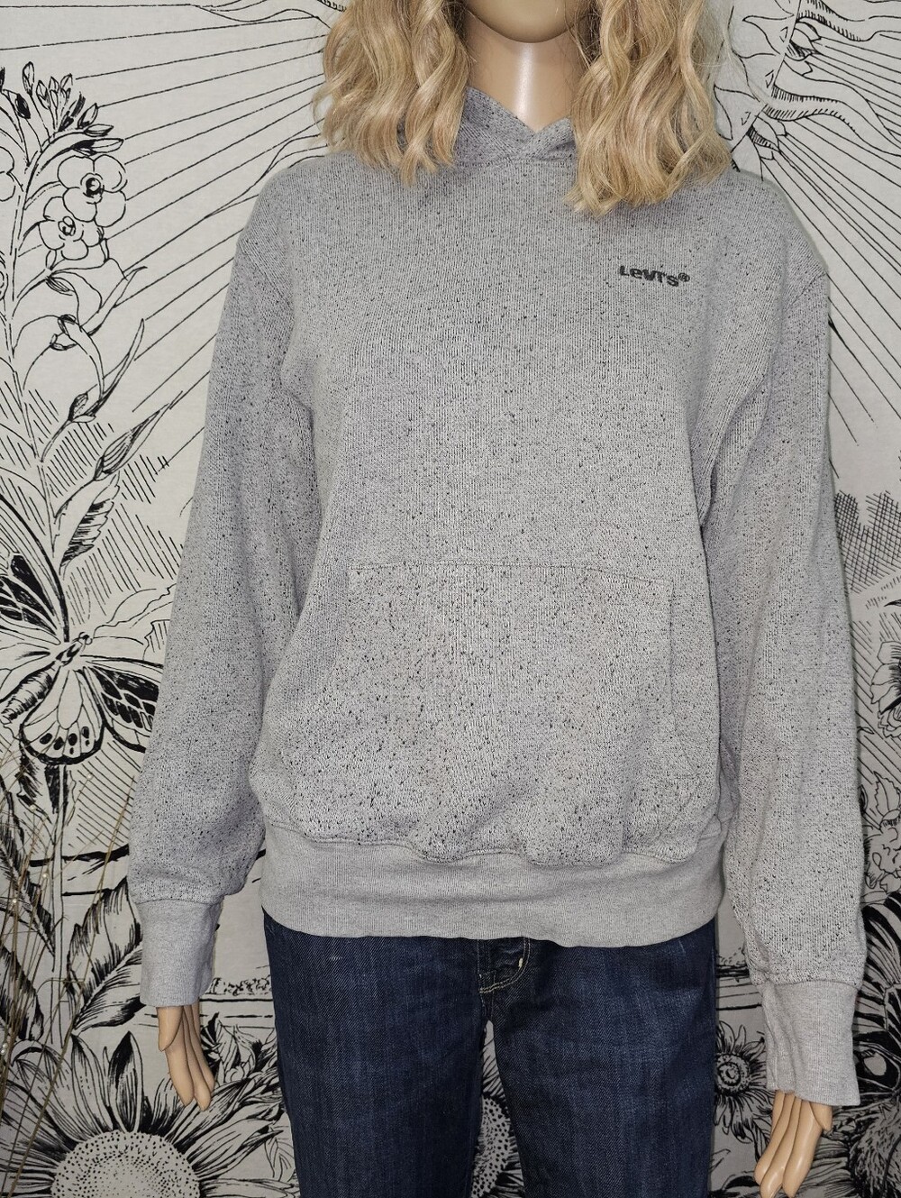 Levi's Light Gray Speckled Relaxed Fit Hoodie Sweatshirt Kangaroo Pocket XS